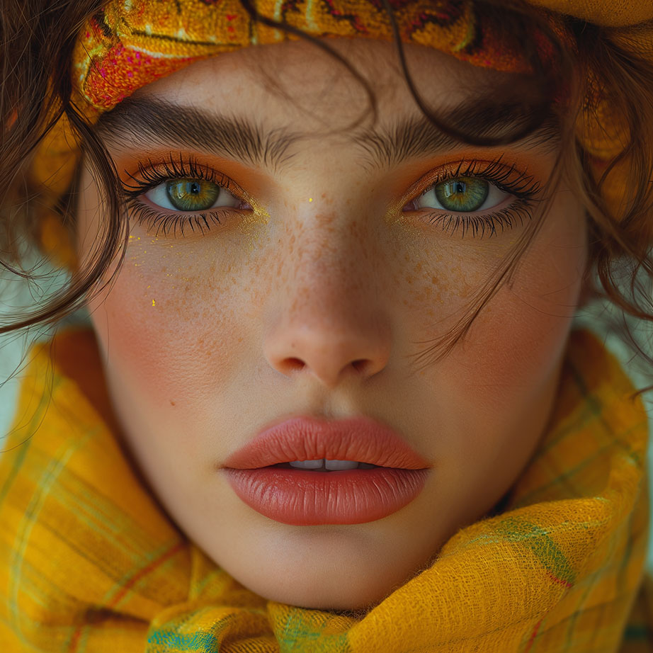 Närbild av en kvinnas ansikte med iögonfallande gröna ögon, accentuerade med gyllene gul ögonskugga och fräknar. Hon bär ett texturerat gult pannband och halsduk, som kompletterar de varma hösttonerna i hennes hud och läppar