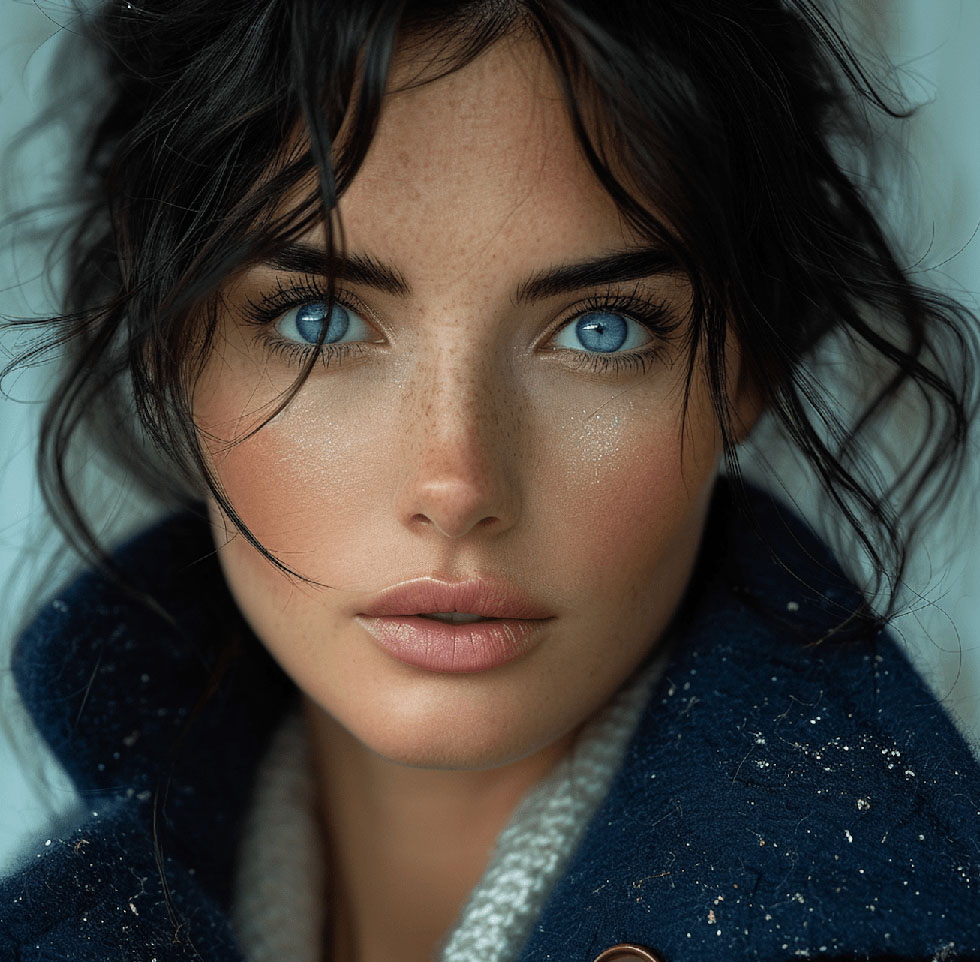 En realistisk illustration av en kvinna med vinterfärgpalett. Hon har kall hudton med blå eller rosa undertoner, intensiva blå ögon och mörkt, vågigt hår. Hon bär en marinblå jacka som är perfekt i kontrast till hennes ljusa hy och kompletterar hennes kyliga skönhet.