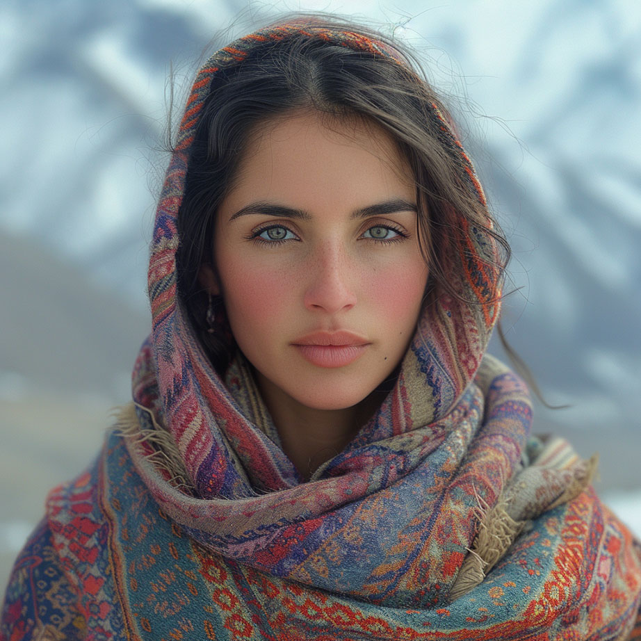 En kvinna med en färgglad sjal virad runt huvudet. Hennes ögon är av en djup blå nyans och huden är ljust tonad med en frisk rodnad på kinderna. Sjalen har ett detaljerat mönster i nyanser av blått, rött och beige. Bakgrunden är suddig och skapar en lugn atmosfär som fokuserar betraktarens uppmärksamhet på kvinnans ansikte.