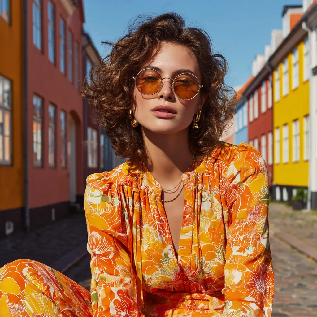 En kvinna med en lockig frisyr bär en orange blommig blus och matchande byxor, kompletterat med stora runda solglasögon. Hon poserar framför en livfull bakgrund av färgglada hus i en trång gränd. Hennes smycken är diskreta men eleganta, vilket bidrar till en chic och modern look.