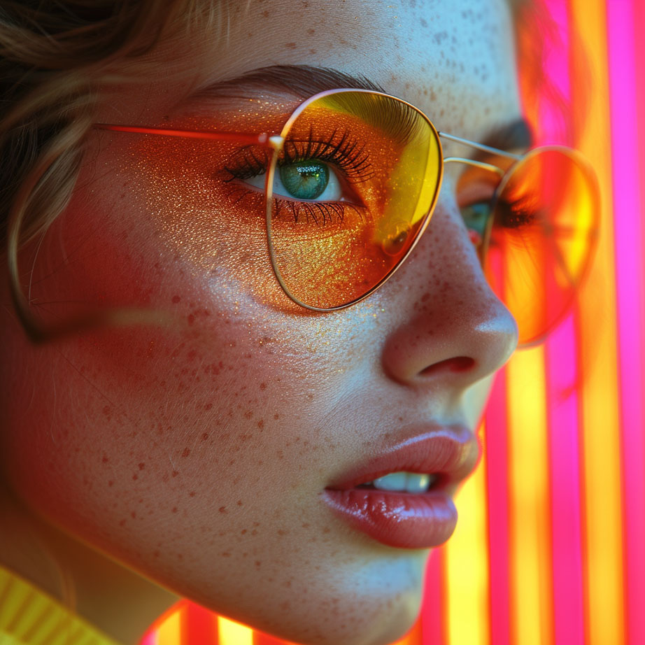 En kvinna med fräknar och solglasögon i närbild framför neonljus. Solglasögonen har orange linser som reflekterar ljuset och hennes ögon är gröna. Hon har gul klädsel som matchar glasögonen, och ljuset skapar en färgstark bakgrund med röda och blåa toner.