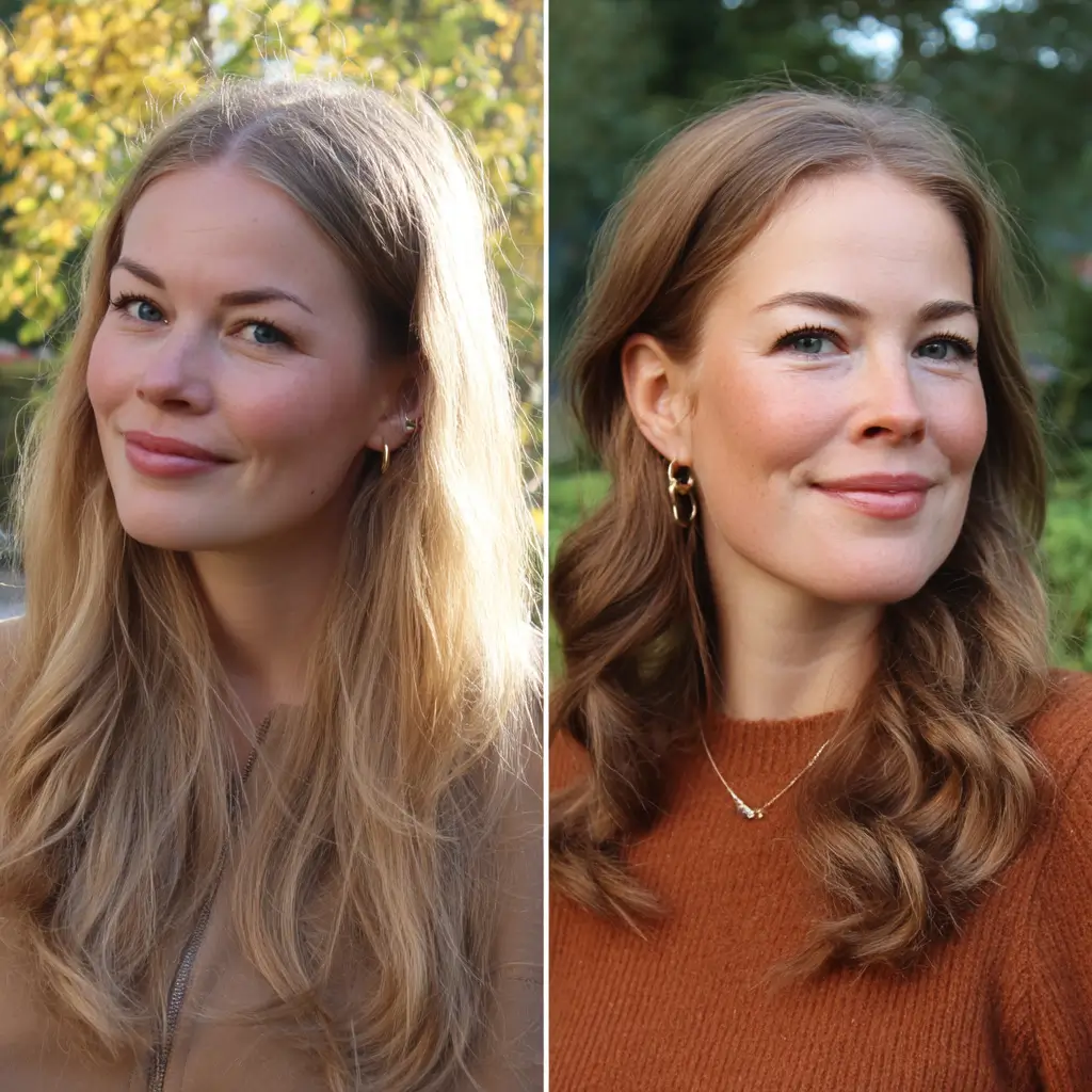 Två olika kvinnor sida vid sida. Kvinnan till vänster har ljusblont hår och bär en taupefärgad topp framför en bakgrund med gyllene löv, vilket ger ett mjukt och ljust intryck. Kvinnan till höger har mellanrött hår och bär en roströd tröja framför en mörkgrön bakgrund, vilket ger ett varmt och djupare intryck.