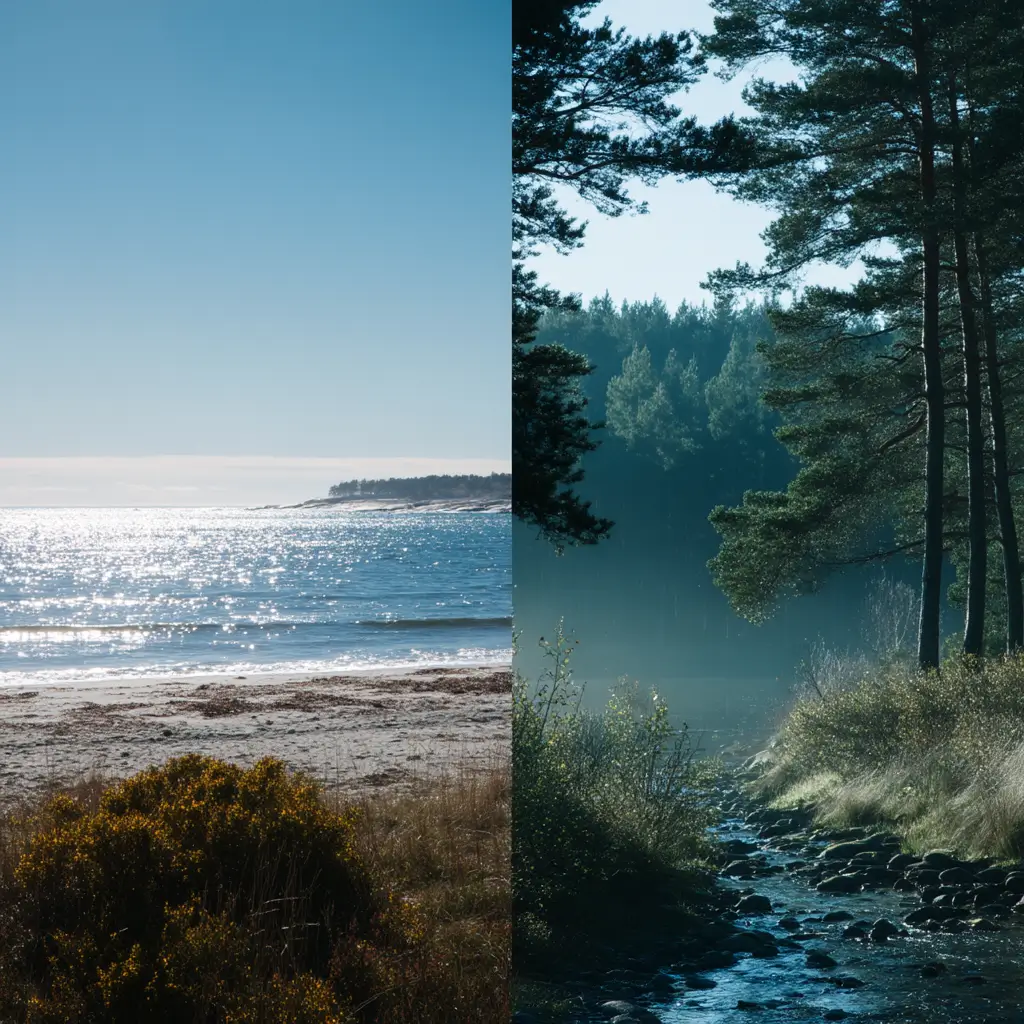 En bild delad i två delar som illustrerar kontrasten mellan levande och dämpade färger. Till vänster en strandscen med klarblå himmel och glittrande hav. Till höger en tät skog i dis, med mjuka gröna toner som ger en lugnande atmosfär.