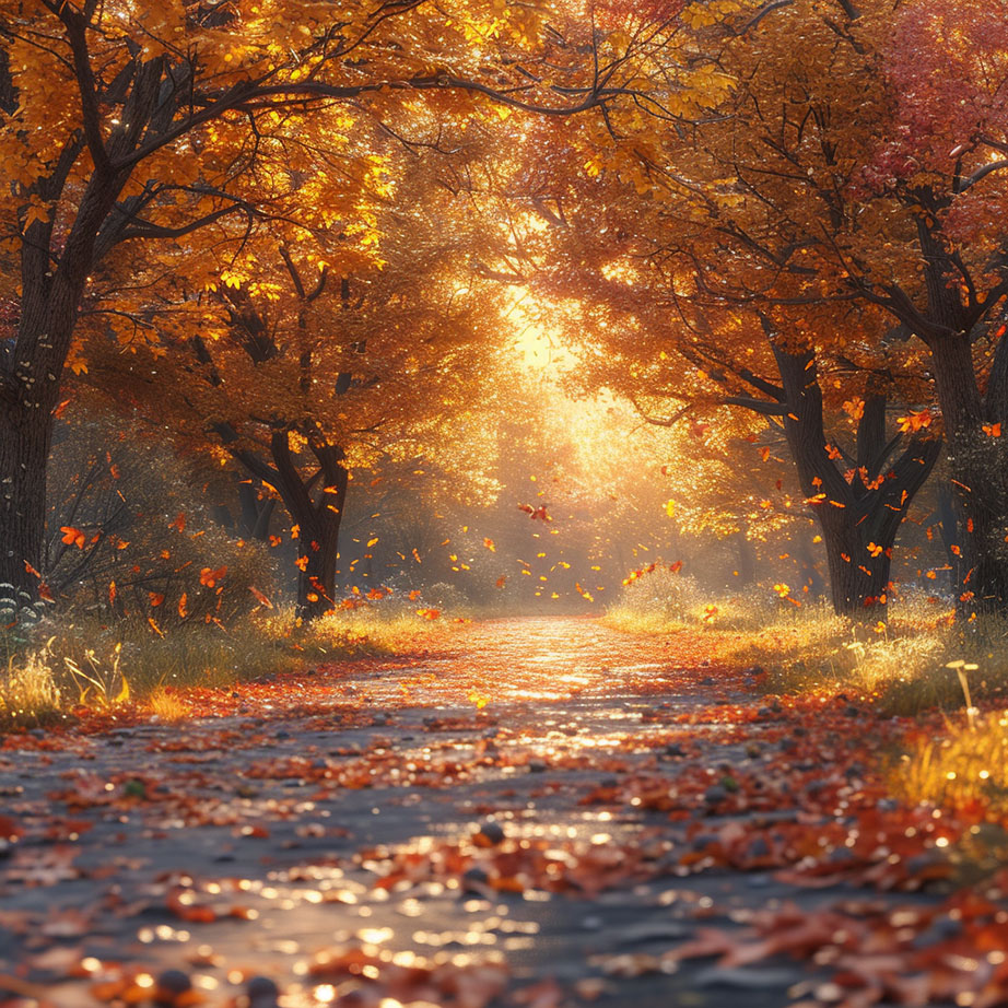 En stig genom en höstskog där solljuset filtreras genom ett lövtak i varma nyanser av orange och rött. Löv virvlar i luften och ett täcke av fallna löv pryder marken, vilket skapar en känsla av en mysig och fridfull höstdag.