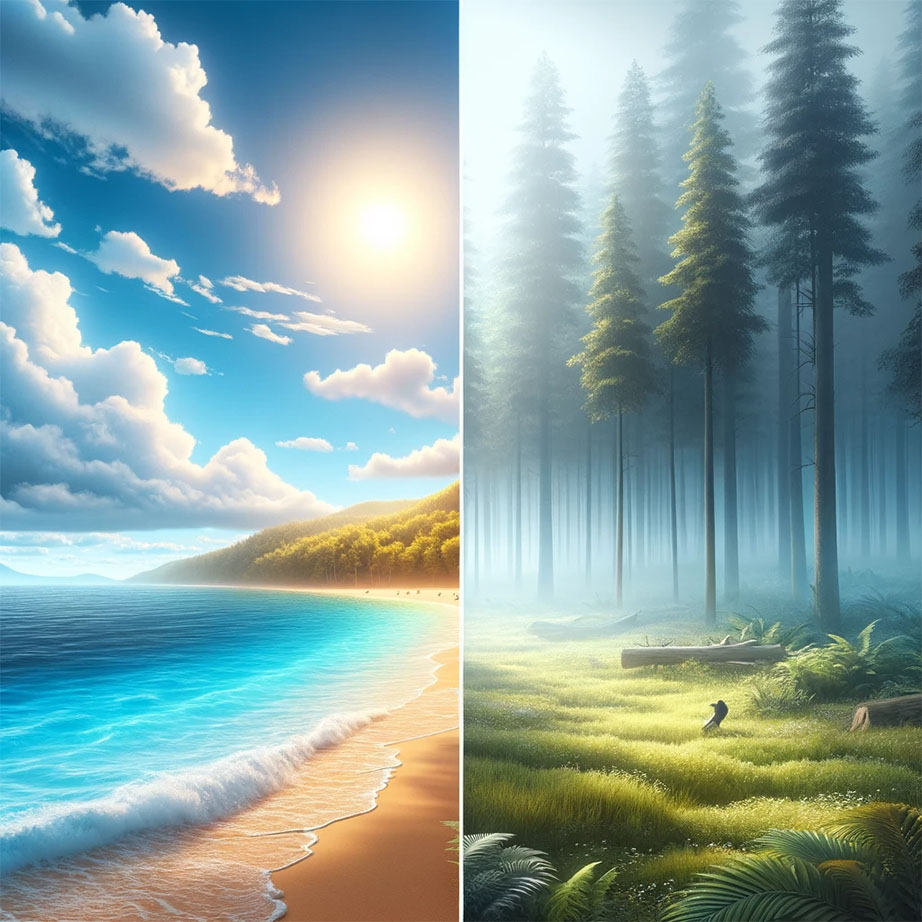 En bild delad i två delar som illustrerar kontrasten mellan levande och dämpade färger. Till vänster en strandscen med klarblå himmel och glittrande hav. Till höger en tät skog i dis, med mjuka gröna toner som ger en lugnande atmosfär.