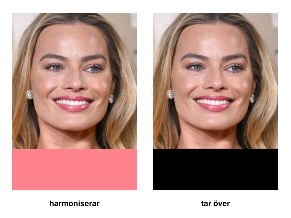 Två porträtt av samma kvinna med olika bakgrunder. Till vänster, en rosa bakgrund som harmoniserar med hennes hudton, märkt "harmoniserar". Till höger, en svart bakgrund som tar över, märkt "tar över".